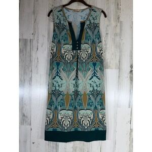Jonathan Martin Shift Dress 12 Teal Blue Art Nouveau Floral Notch Neck Mod Retro